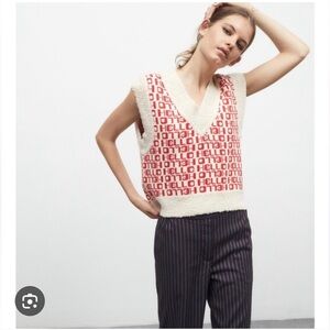 Urban Outfitters Cream and Red V-Neck Sweater Vest